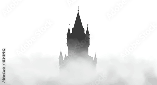 A dark castle silhouette rises from a misty gray fog against a white background