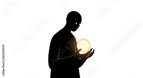 Dark silhouette of a person holding a glowing orb in their hands eyes illuminated