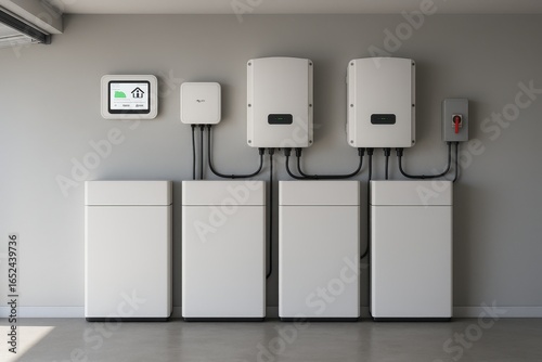 Residential solar battery storage system installation in modern garage showcasing renewable energy independence and smart home technology