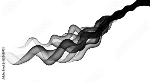 Three dark smoke streams diagonally descend and become one denser stream