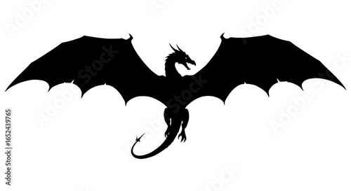 Black dragon silhouette spread wings menacing posture on white background