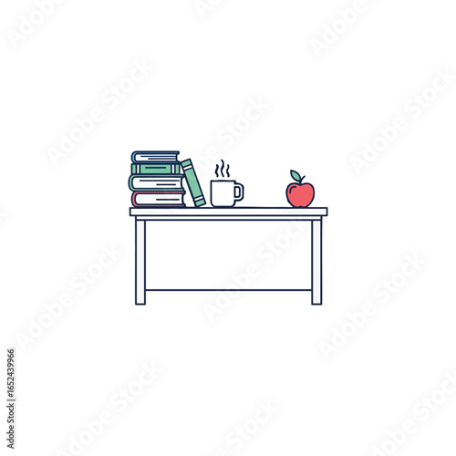 Simple illustration of a desk with books, coffee, and an apple.
