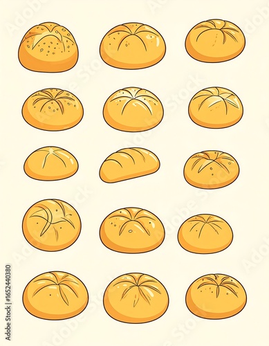 A collection of fifteen cartoon-style bread rolls, showing variations in shape and perspective
