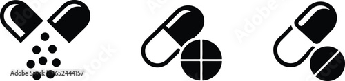 Isolated Capsule Pills Black Icons on White Background. Medical Set