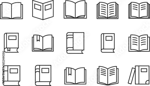 Line Art Collection of Book Icons, Open and Closed Books with Transparent Background