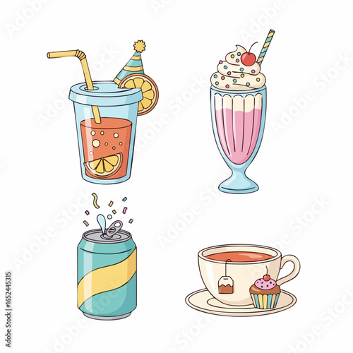 Flat Style Vector SVG Illustration of Refreshing Beverage and Dessert Icons with Bright Colors for Web and Mobile Use