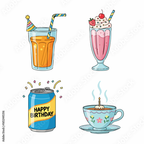 Flat Modern Vector SVG Illustration Set of Beverage and Celebration Icons with Colorful Drinks and Birthday Theme Design Style