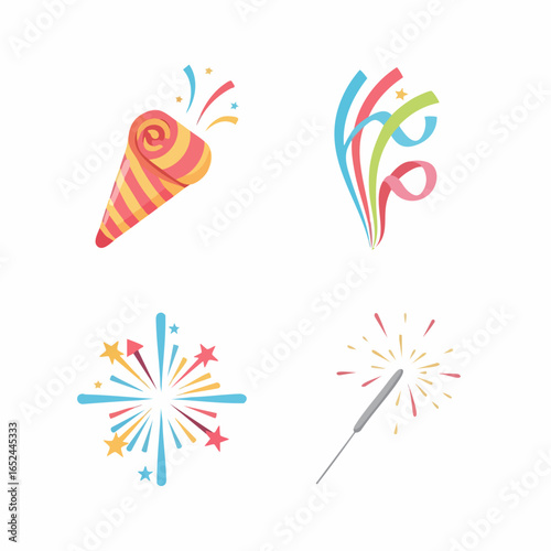 Vector Festive Celebration SVG Icon Set with Fireworks and Party Elements in Flat Design Style