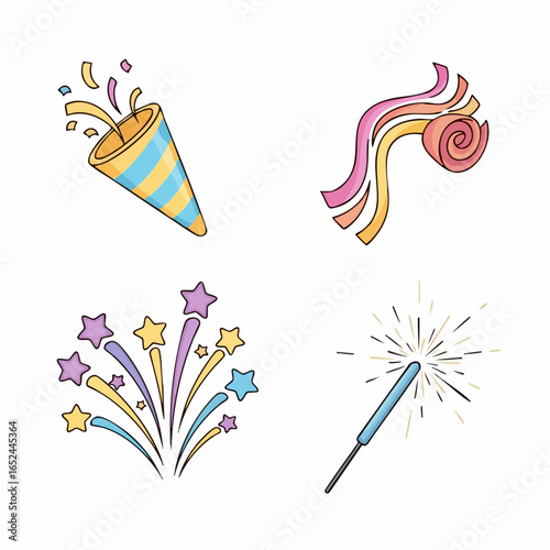 Festive Vector SVG Icon Set with Fireworks Party Hats and Sparkler in Bright Colors Modern Flat Style