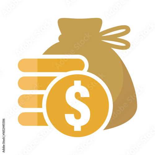 Money bag dollar flat icon with coins on the side, symbol of saving and profit. Money bag dollar represents finance, business, and wealth. Money bag dollar is ideal for investment and banking design