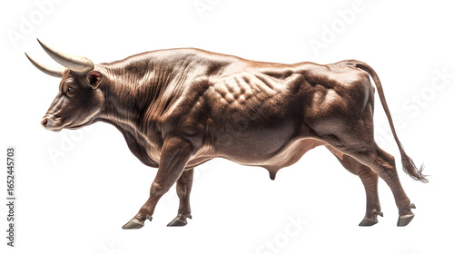 Powerful charging bull showcasing strength and determination, perfect for financial markets or strong leadership themes isolated on white background