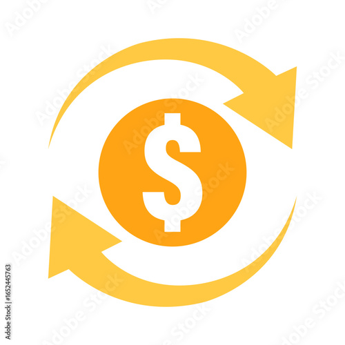 Dollar coin icon with circular arrows representing exchange, transaction, and currency conversion. Perfect for fintech, banking, financial apps, and global business design