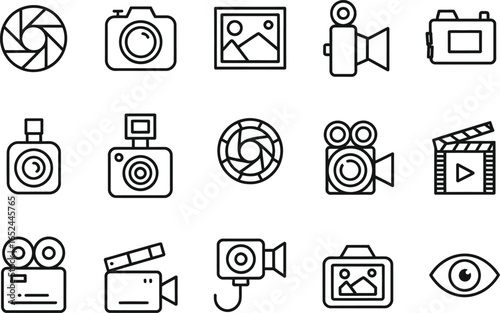 Outline Photography Equipment Icons, Camera Lens, Movie, Film, Clapperboard, Eye Icon