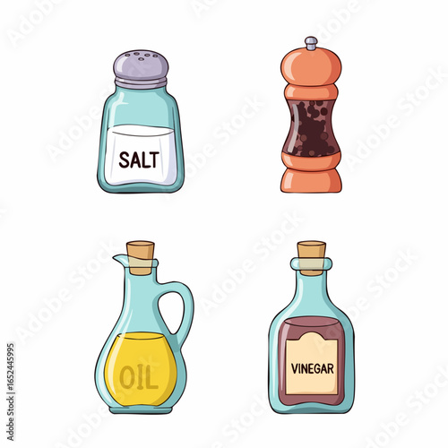 Flat Style Vector SVG Icon Set of Kitchen Condiments with Bottles Salt Oil Vinegar and Pepper in Minimalist Design