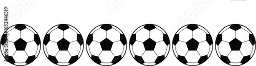 Row of Six Monochrome Soccer Balls Pattern on White Background, Sport Equipment