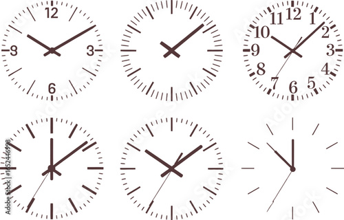 Six Isolated Clock Faces Showing Different Times on White Background