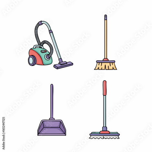Flat Vector SVG Icon Set of Cleaning Tools with Minimalist Design in Bright Colors for Digital and Commercial Use