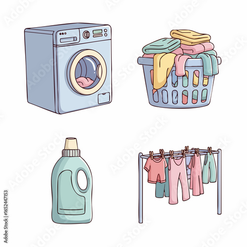 Minimalist Vector SVG Illustration of Laundry Appliances and Clothes Line in Flat Design Style with Soft Pastel Colors