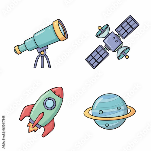Minimalist Flat Vector SVG Illustration of Space Rocket Satellite and Planet with Bright Colors in Modern Style