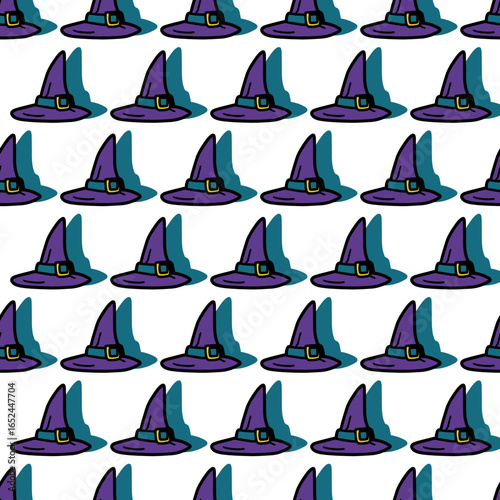 Spooky October Pattern with Witch Hat Doodles. Ideal for Halloween party decor, spooky wrapping paper, fabric prints, and seasonal crafts.