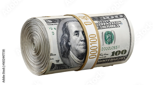 Massive roll of US hundred dollar bills signifies financial success and abundance, ready for investment.