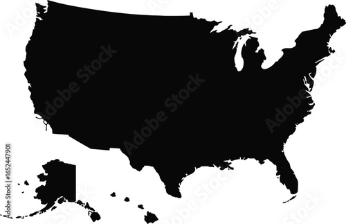 USA Map Silhouette with Alaska and Hawaii Isolated on White Background