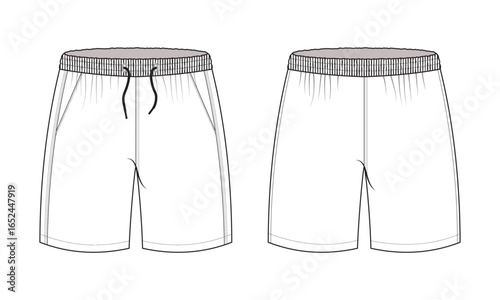 shorts flat sketch technical fashion cad vector template. front and back view, apparel mockup.