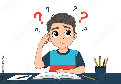 Young student feeling confused while studying at a desk with a book and pencils