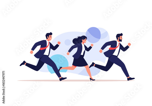 Professionals in business suits actively running forward demonstrating teamwork and progress in corporate environment