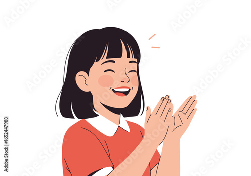A young girl clapping her hands with joy and happiness expressing enthusiastic applause and celebration