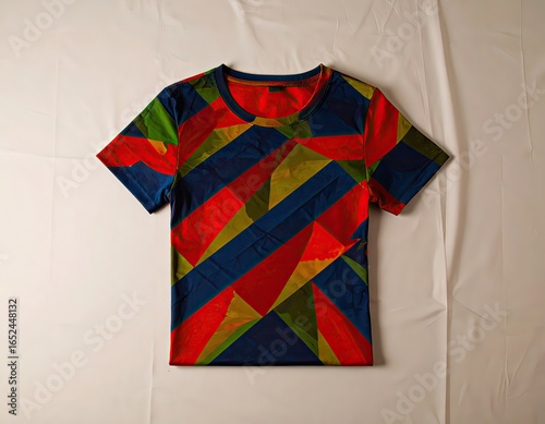 A vibrant short-sleeved t-shirt with a bold geometric pattern of colorful overlapping stripes laid flat on a white background.