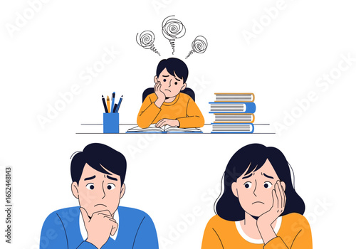 Worried parents observe their child struggling with homework causing family stress and anxiety