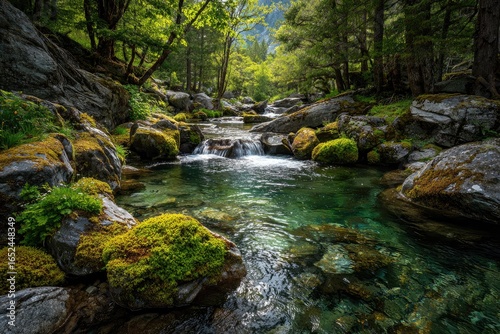 and keywords based on the image

 River Flows through Mossy Rocks in Lush Forest Scene