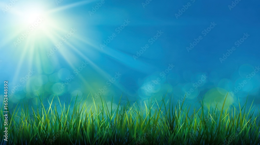 Fototapeta premium Bright sunlit grass field against a clear sky