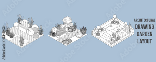 Architectural drawings of modern garden layout with pathway, wooden bench, and surrounding plants in isometric vector illustration