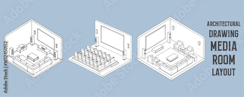 Architectural drawings of modern media room layout with sofa, projector screen, and speakers in isometric vector illustration