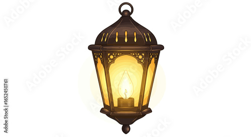 A lit brown metal lantern hangs emitting a warm glow Its ornate with filigree details