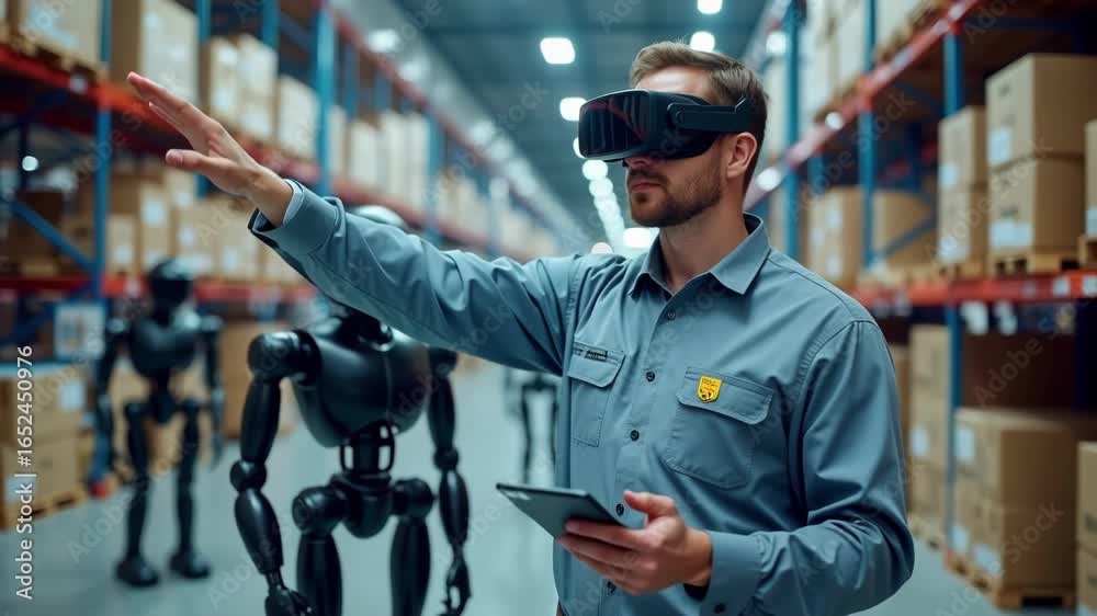 Robot Vr Tutorial A man wearing VR headset commands humanoid robots with hand gestures ...
