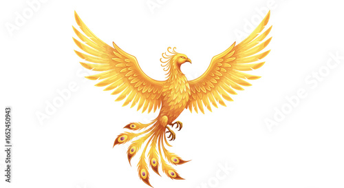 A vibrant golden phoenix with outstretched wings and detailed feather texture on a white background