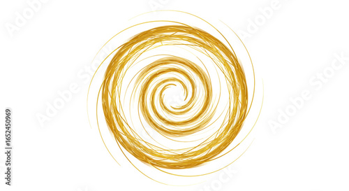 A golden spiral design on a white background with fine lines creating a swirling textured effect