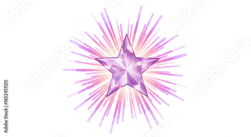 A fivepointed faceted star radiates pink and purple beams against a stark white backdrop