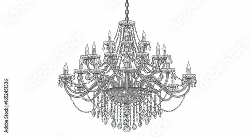 Intricate chandelier with multiple tiers crystals and candlestyle lights hanging against a white background