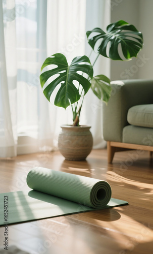 Mindful Living Yoga Mat, Monstera Plant, and Serene Home Interior