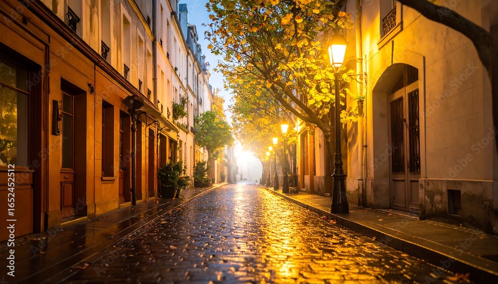Fototapeta premium Parisian alleyway at dawn, golden light