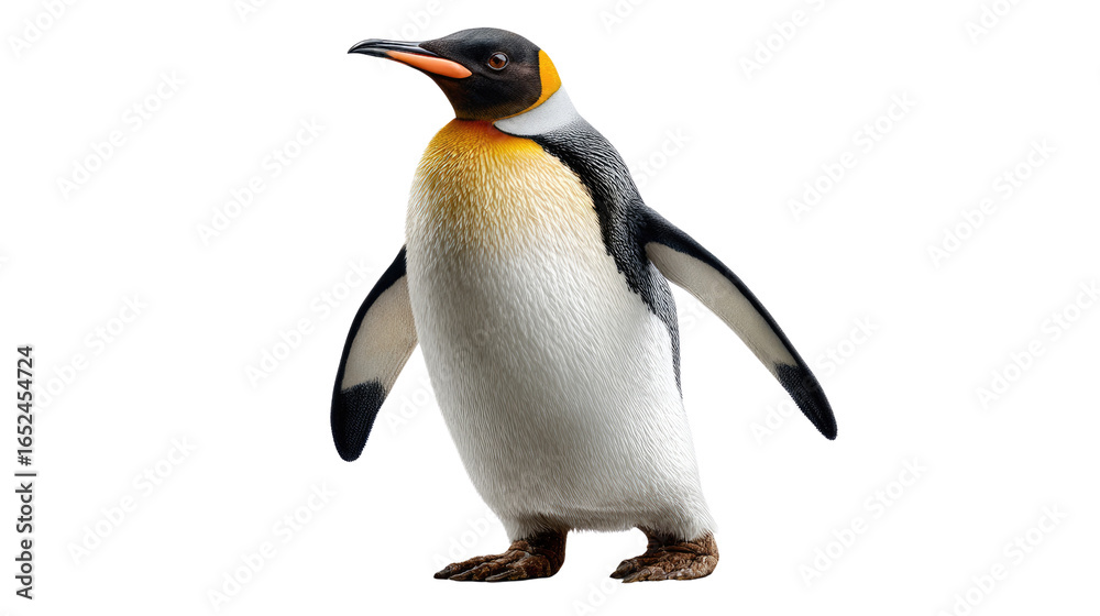 Naklejka premium King Penguin in Solitude: A majestic king penguin stands in serene solitude, its striking black, white, and yellow plumage a testament to nature's artistry.