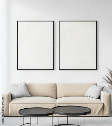 Simple Beige Sofa and Black Coffee Tables in Modern Living Room