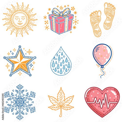 Colorful doodles of seasonal symbols and icons