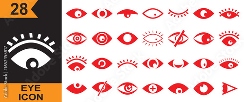 Collection of 28 EYE icons in flat style, useful for interface design, medical symbols, security, privacy, and vision concepts.