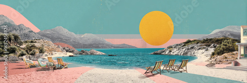 Panorama view of retro tropical beach with collage art abstract background. Generative ai.