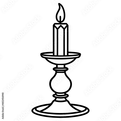 A simple line drawing of a lit candle in an ornate candlestick holder